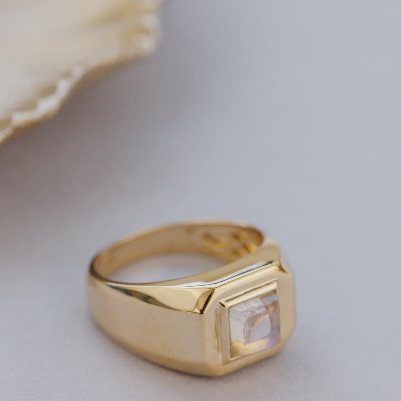 Square Cut Moonstone Signet Ring Silver Wide Band | Anima jewels