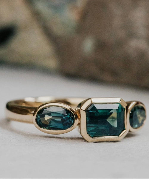 Emerald & Oval Montana Sapphire Ring | 925 Sterling Silver Three-Stone Band | Anima