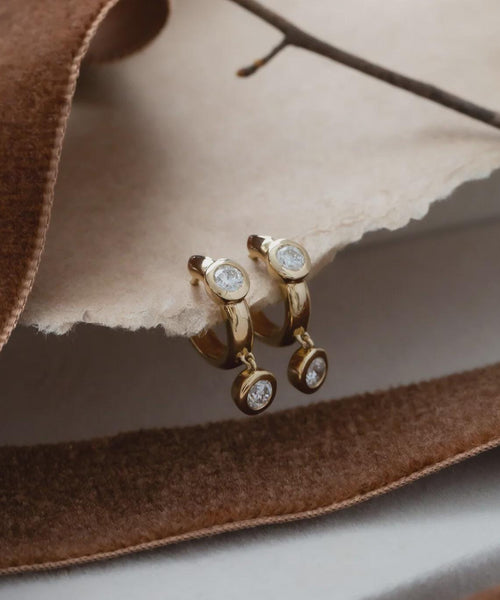 Diamond Hoop and Dangle Huggie Earrings | 14k Yellow Gold .63 ct Drop | Anima jewels