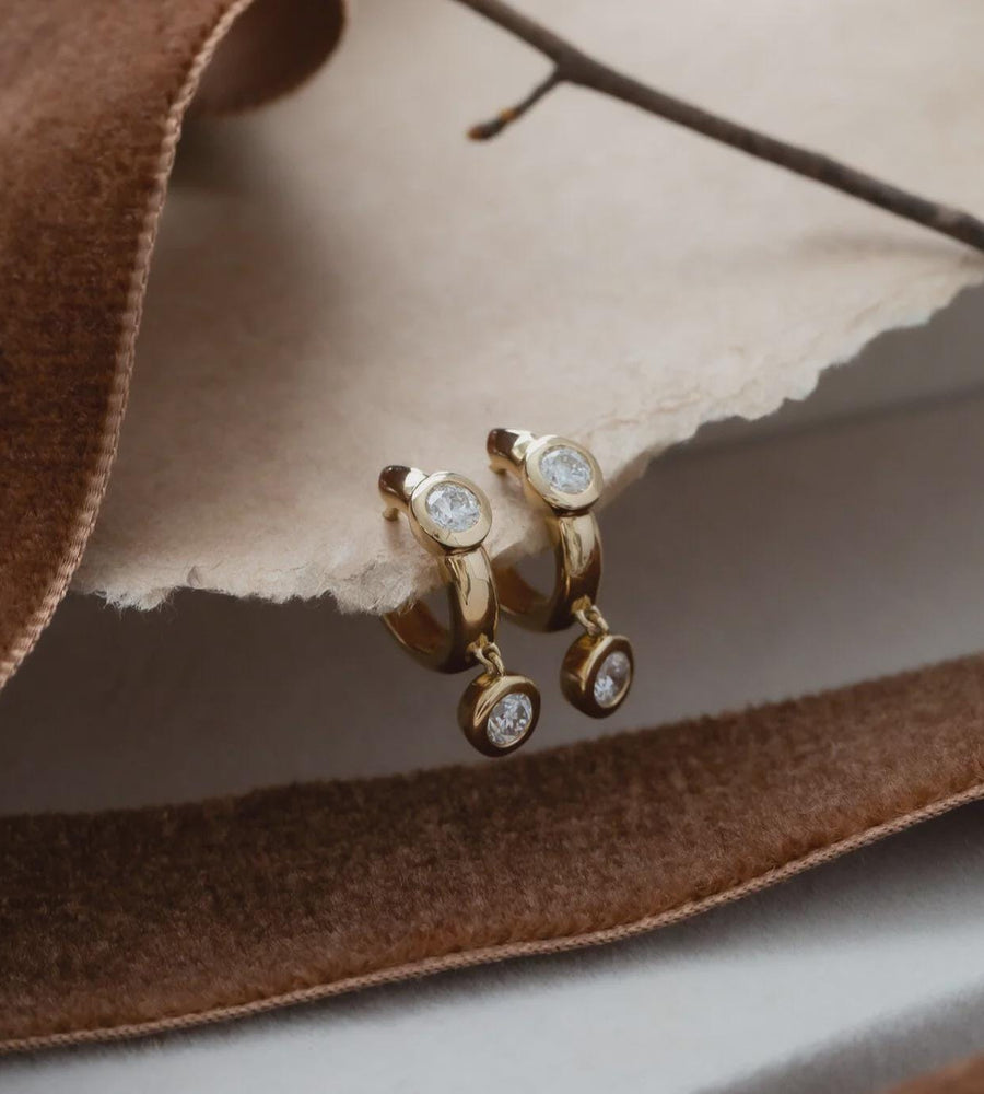 Diamond Hoop and Dangle Huggie Earrings | 14k Yellow Gold .63 ct Drop | Anima jewels