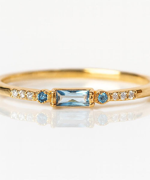 Aquamarine Baguette Ring | 14K Solid Rose Gold Dainty Stacking Band | Anima jewels