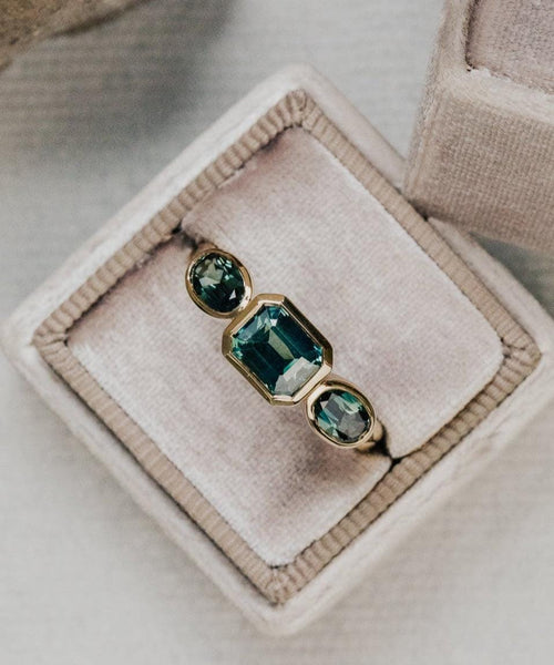 Emerald & Oval Montana Sapphire Ring | 925 Sterling Silver Three-Stone Band | Anima