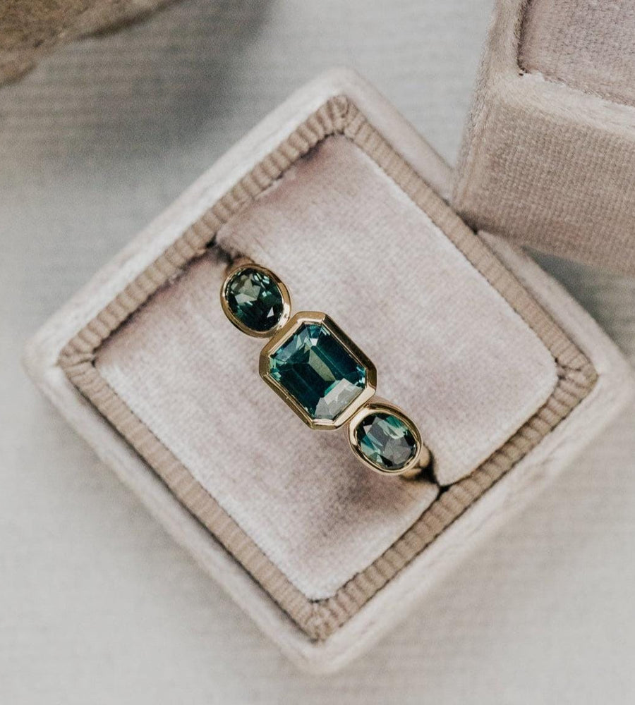 Emerald & Oval Montana Sapphire Ring | 925 Sterling Silver Three-Stone Band | Anima