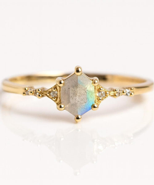 Natural Labradorite Engagement Ring – Hexagon Blue Fire Stone 925 Sterling Silver Dainty Promise Ring