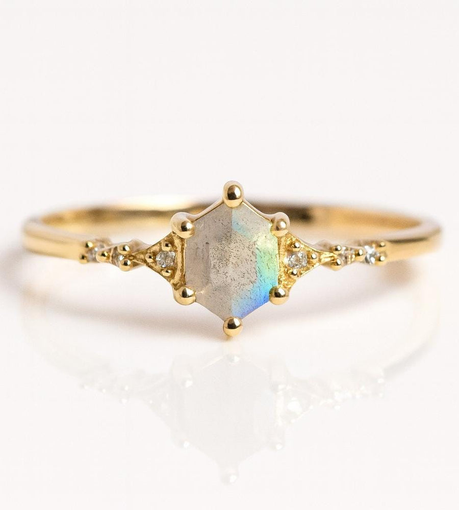 Natural Labradorite Engagement Ring – Hexagon Blue Fire Stone 925 Sterling Silver Dainty Promise Ring