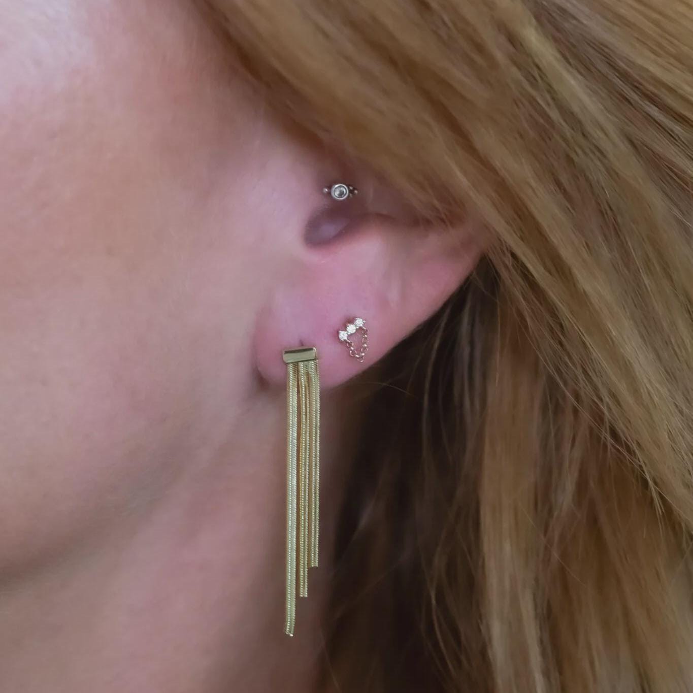 Diamond Cluster Chain Earrings, Solid 14k Gold Dainty Studs with Chain, Minimalist Diamond Earrings Three Stone Stacking Studs Gift for Her