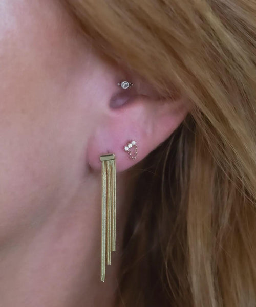 Diamond Cluster Chain Earrings, Solid 14k Gold Dainty Studs with Chain, Minimalist Diamond Earrings Three Stone Stacking Studs Gift for Her