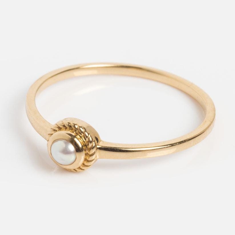 Dainty Pearl Ring | Twisted Bezel Sterling Silver Stacking Band | Anima jewels