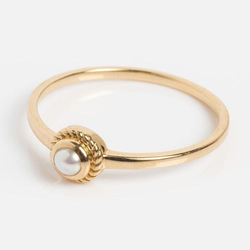 Dainty Pearl Ring | Twisted Bezel Sterling Silver Stacking Band | Anima jewels