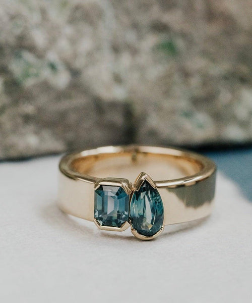 Pear & Octagon Montana Sapphire Ring | 14K Gold Alternating Stacking Band | Anima jewels