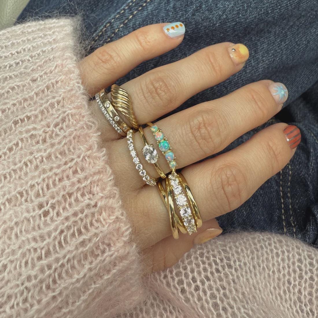 Dainty White Opal & CZ Stacking Ring | Sterling Silver or 14K Gold | Anima jewels