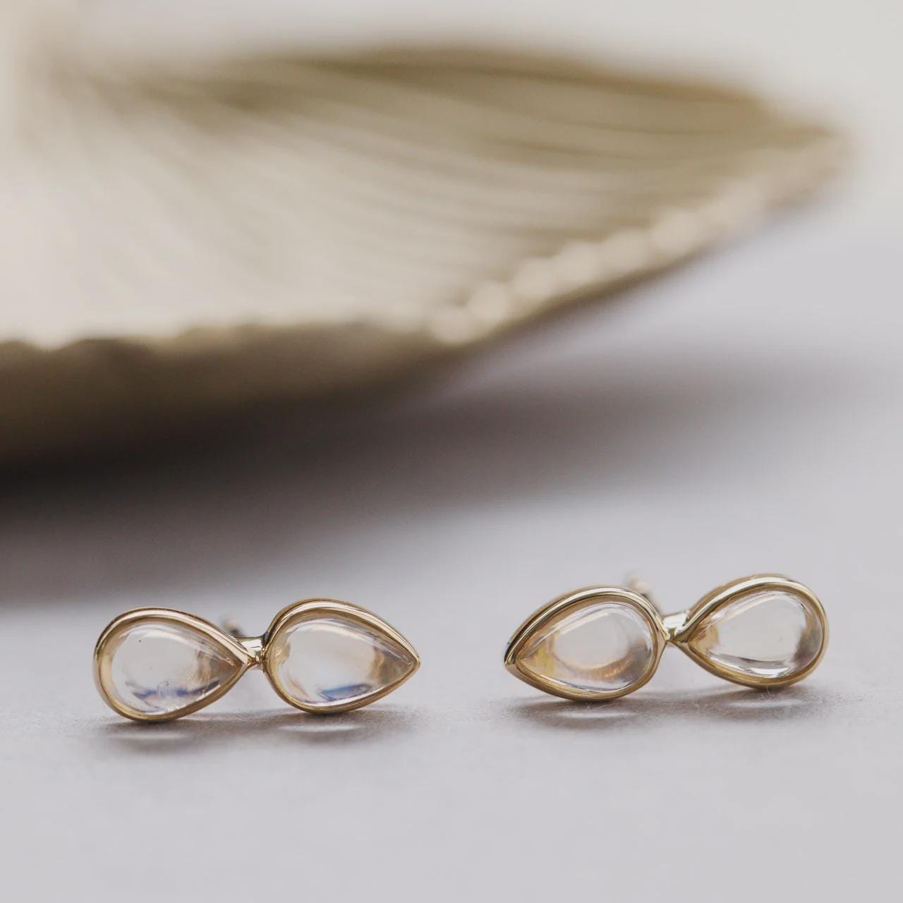 Duo Pear Natural Moonstone Stud Earrings in Solid 14k Gold | Anima Jewels