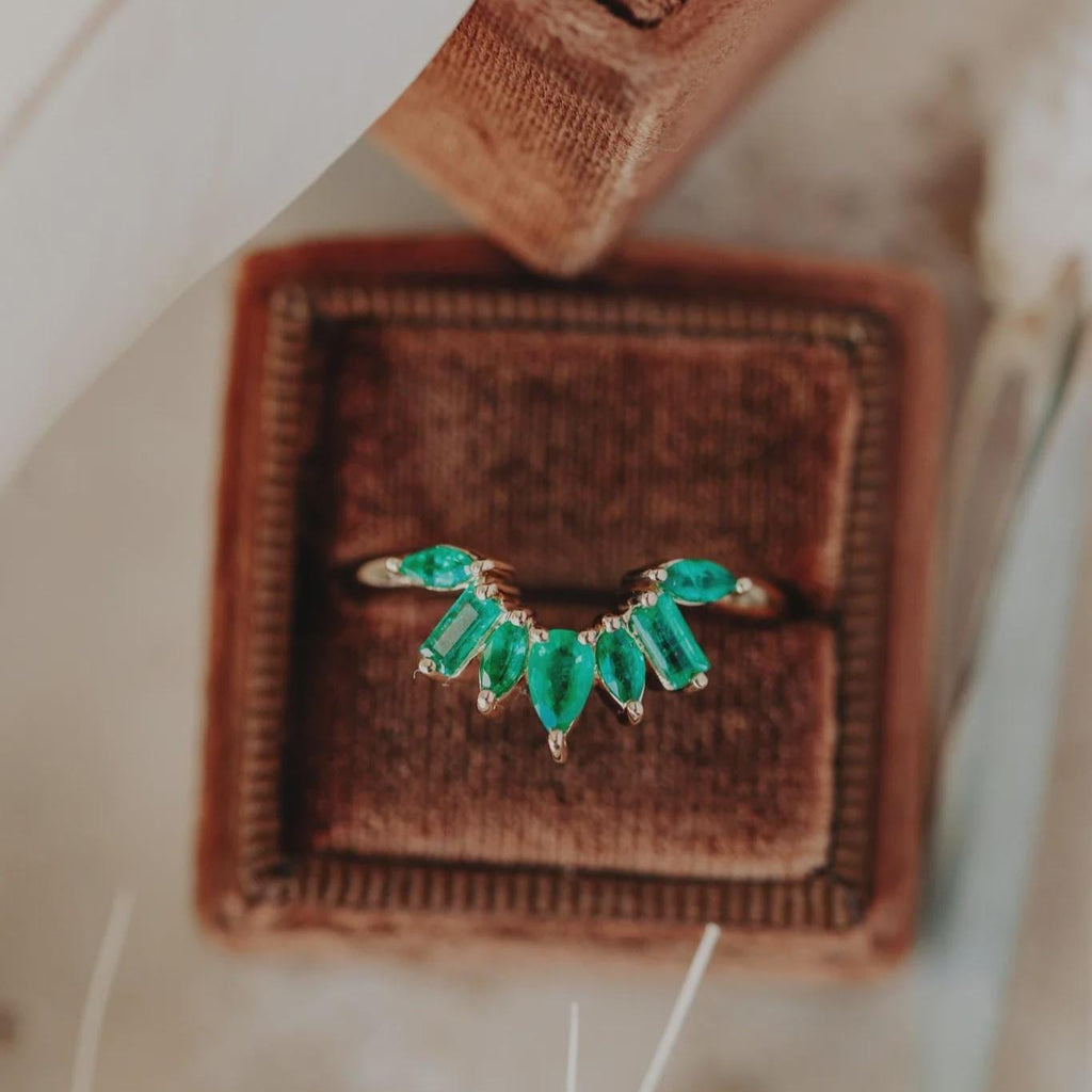 Emerald Sunburst Wedding Band Silver Marquise & Baguette Ring | Anima jewels