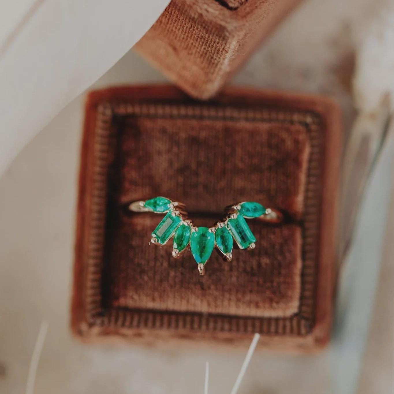 Emerald Sunburst Wedding Band Silver Marquise & Baguette Ring | Anima jewels