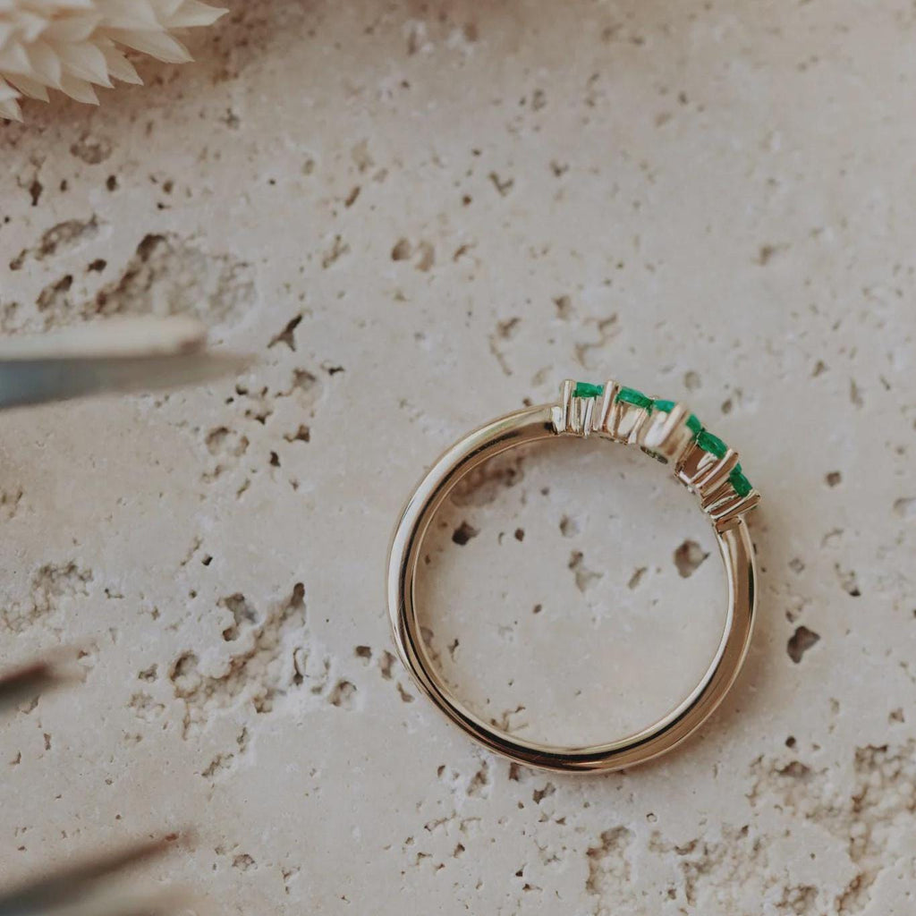 Emerald Curved Wedding Band Silver Chevron Stacking Ring | Anima jewels