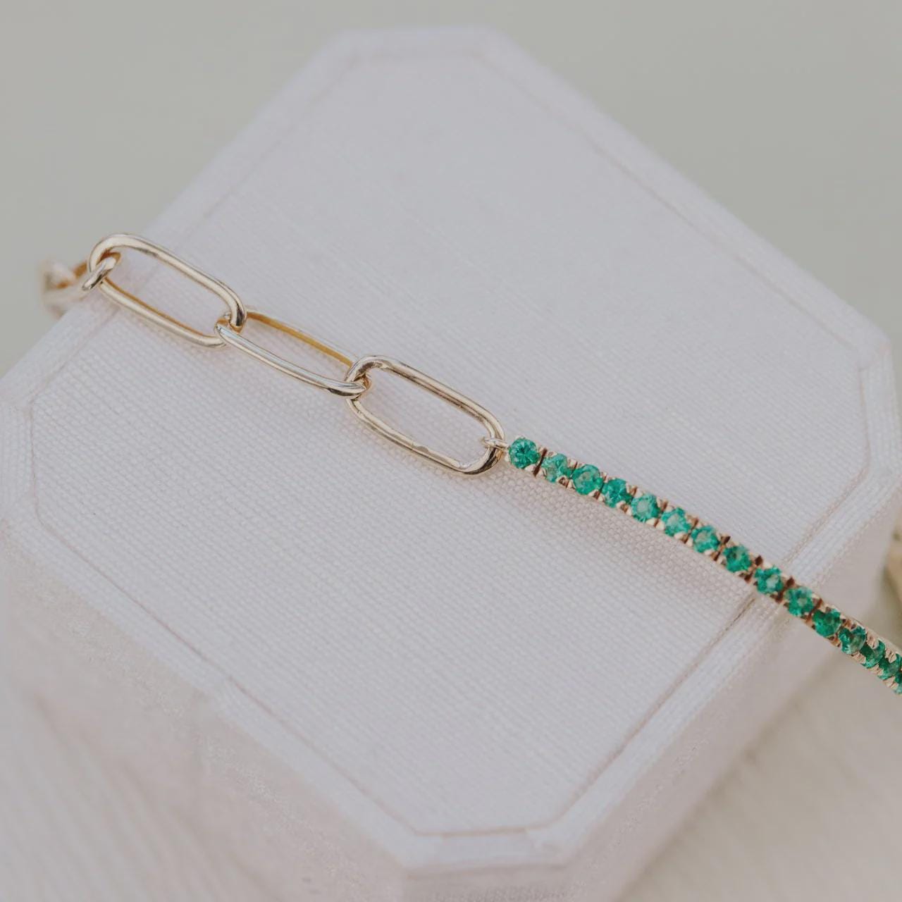 Emerald Tennis and Paperclip Mixed Link Bracelet in 14k Gold Plated Silver | Anima Jewels
