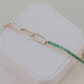 Emerald Tennis and Paperclip Mixed Link Bracelet in 14k Gold Plated Silver | Anima Jewels