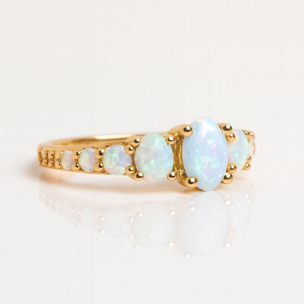Vintage Oval Opal Engagement Ring | 925 Sterling Silver Halo Band | Anima jewels