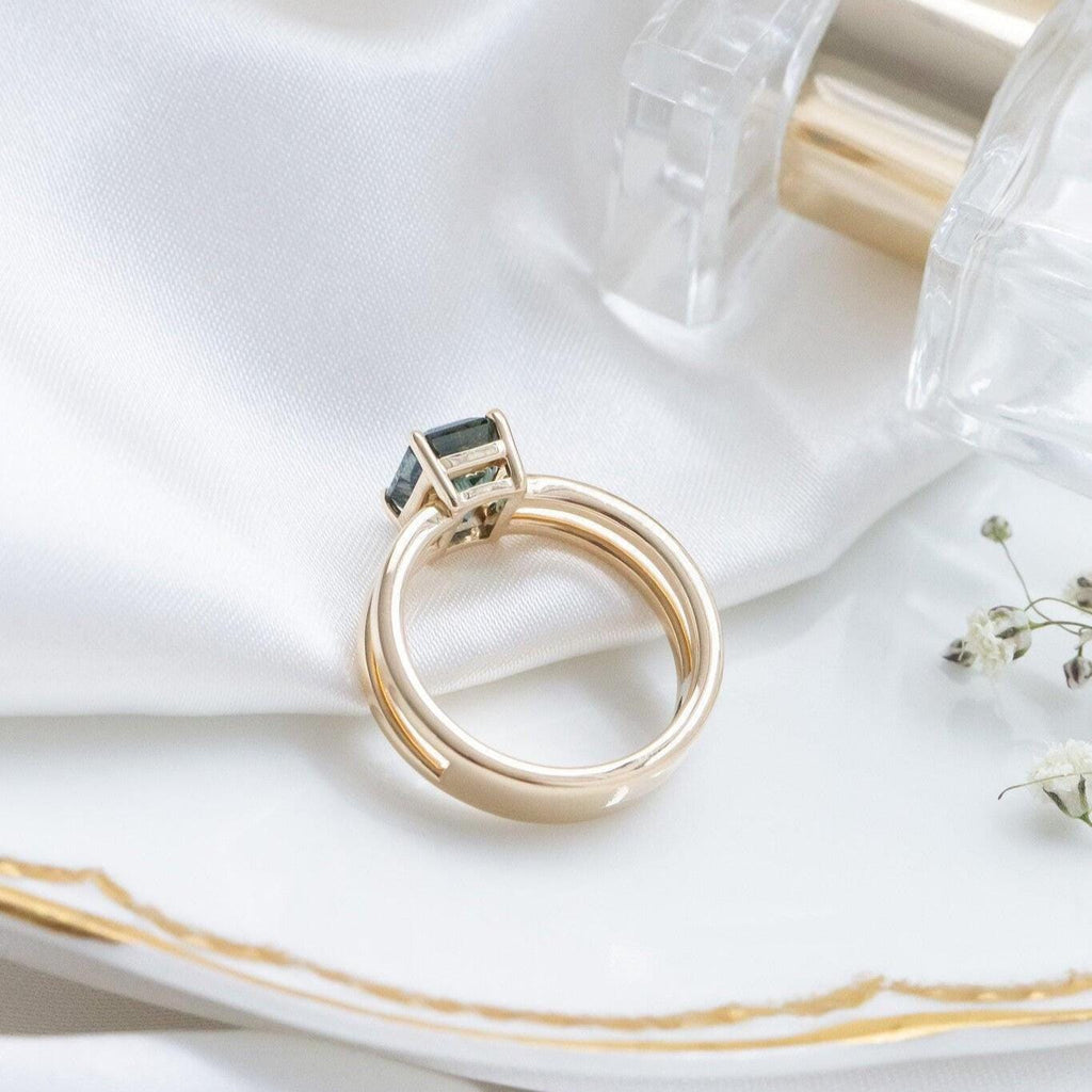 Montana Sapphire Emerald Cut Ring 14k Gold Double Band | Anima jewels