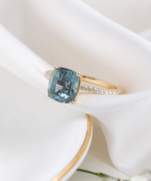 Cushion Cut Montana Sapphire Ring | 14k Solid Gold Double Band | Anima jewels