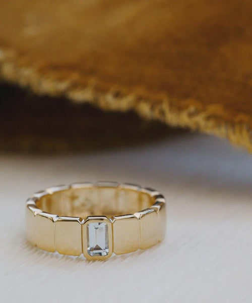 Emerald Cut Aquamarine Cigar Band Wide Gold Statement Ring | Anima jewels