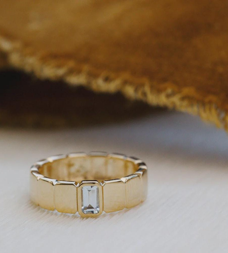 Emerald Cut Aquamarine Cigar Band Wide Gold Statement Ring | Anima jewels