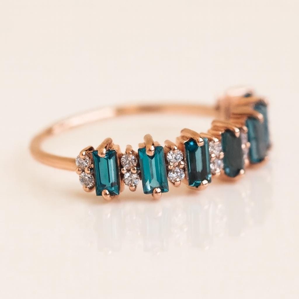 Baguette London Blue Topaz Wedding Band | Diamond Half Eternity Ring | Anima jewels