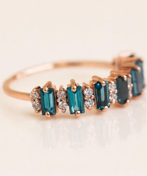 Baguette London Blue Topaz Wedding Band | Diamond Half Eternity Ring | Anima jewels