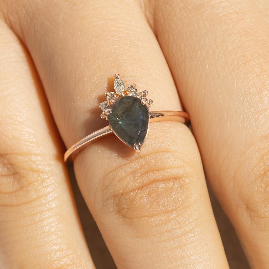 Pear Labradorite Drop Ring | 925 Sterling Silver Boho Engagement Band | Anima jewels