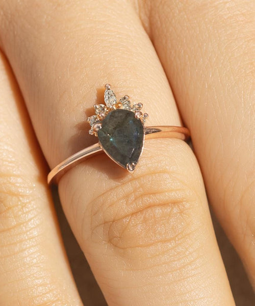 Pear Labradorite Drop Ring | 925 Sterling Silver Boho Engagement Band | Anima jewels