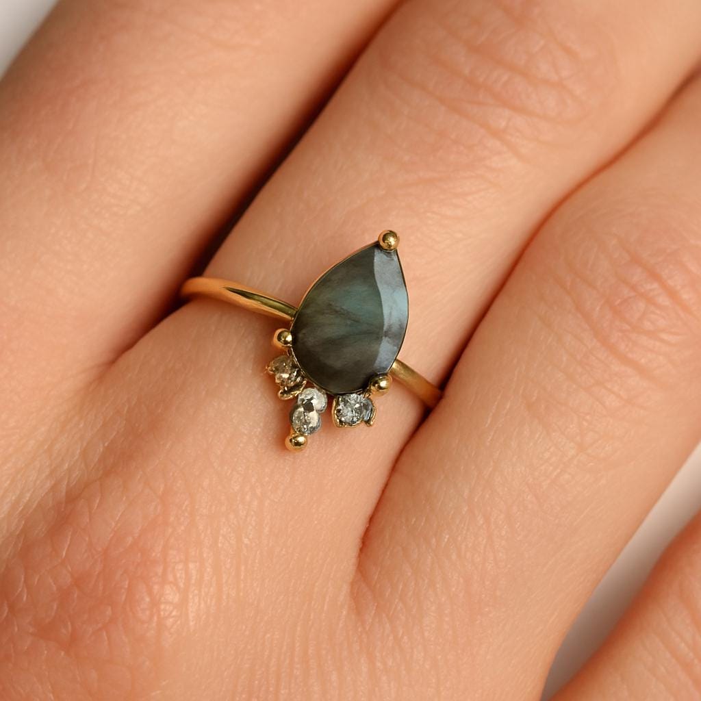 Pear Labradorite Drop Ring | 925 Sterling Silver Boho Engagement Band | Anima jewels
