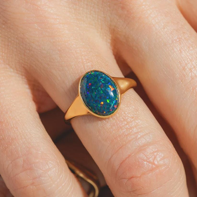Black Opal Signet Ring 925 Sterling Silver Masculine | Anima jewels